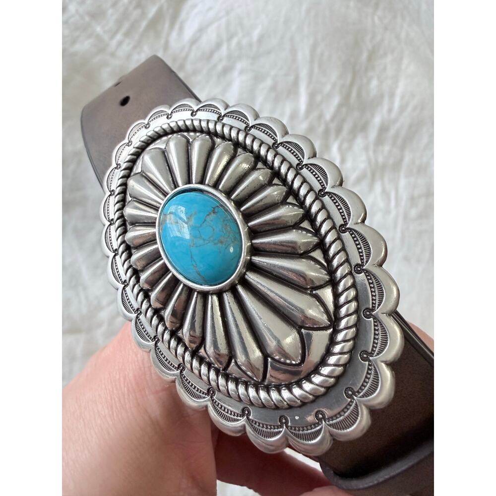 ARIAT | Women's M | Brown Leather Belt Silver Oval Buckle Faux Turquoise EUC - Picture 2 of 10